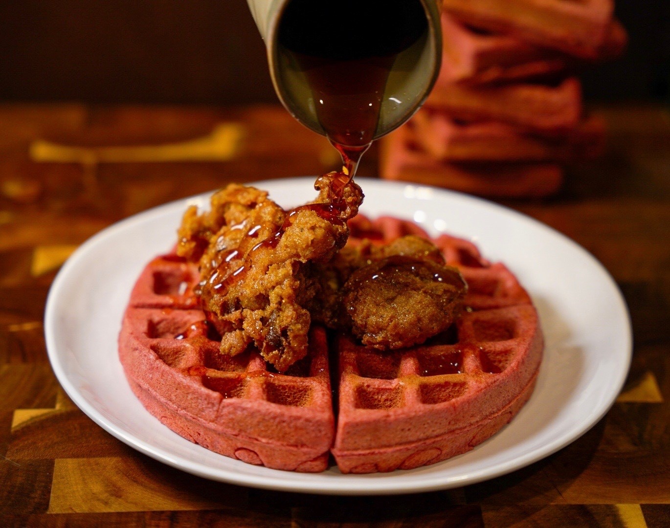Vegan Red Velvet Chick'n & Waffles